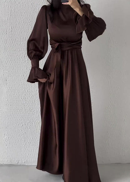 French Pink Tie Waist Slim Fit Puff Sleeve Silk Dresses