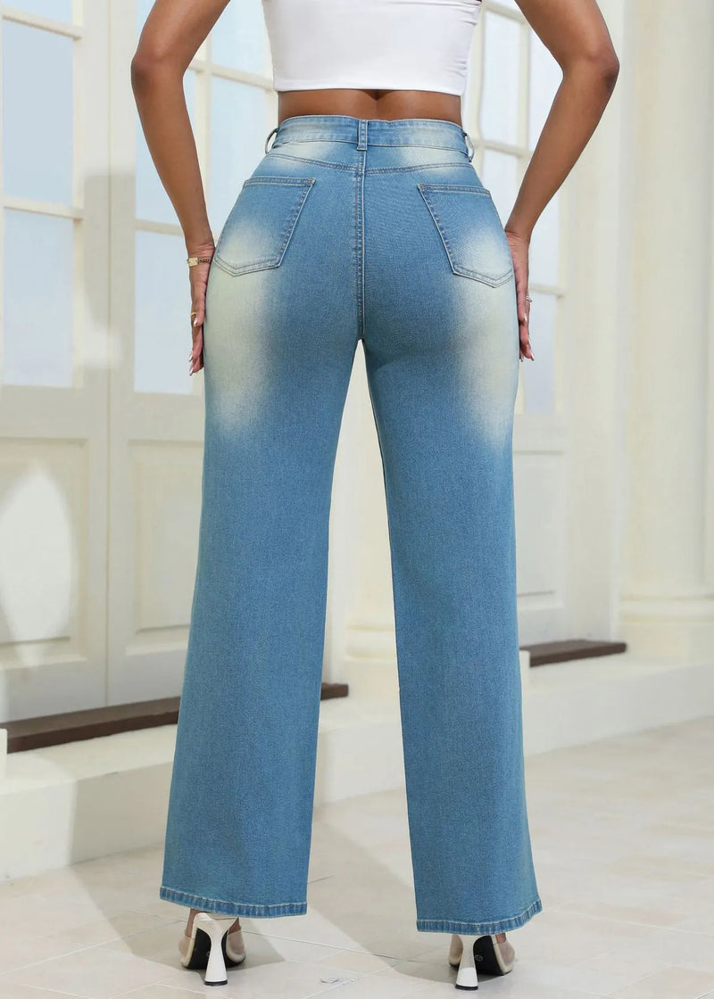 Stylish Blue Hole High Waist Denim Wide Leg Pants Summer