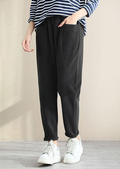 Black Patchwork Cotton Pants Pockets Color Spring
