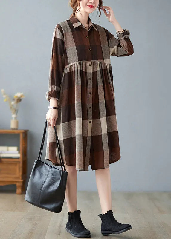 Peter Pan Collar Button Wrinkled Long Plaid Shirts Dress Long Sleeve