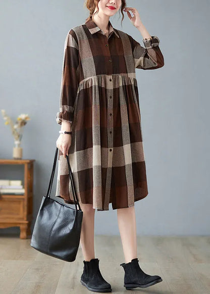 Peter Pan Collar Button Wrinkled Long Plaid Shirts Dress Long Sleeve