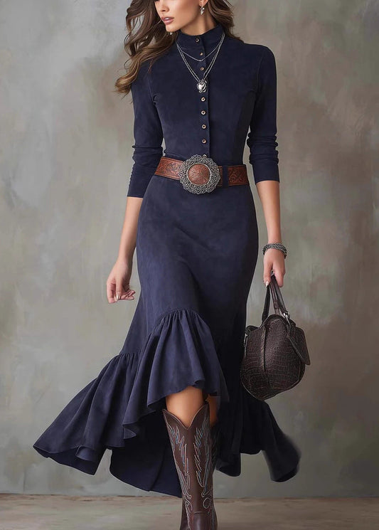 French Navy Wrinkled Button Faux Suede Long Dress Spring