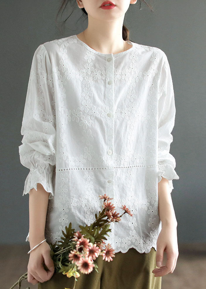 Diy White O Neck Patchwork Embroidered Cotton Blouses Spring