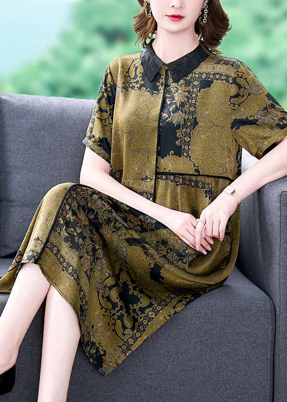 Green Peter Pan Collar Print Silk Dress Summer