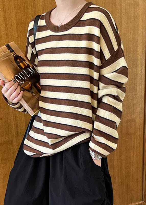 Coffee O-neck Striped Woolen Top Long Sleeve