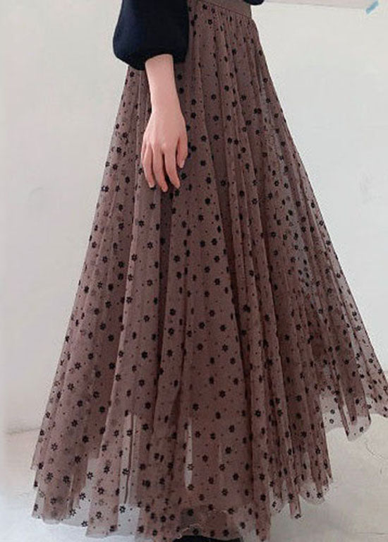 Coffee Wrinkled Print Patchwork Tulle Skirts Spring