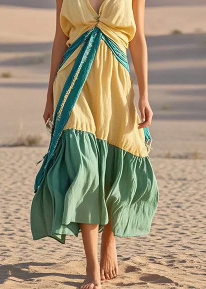 Yellow Asymmetrical Patchwork Cotton Long Dresses Sleeveless