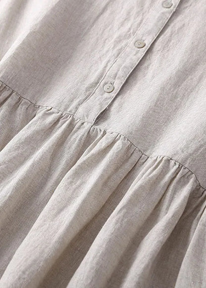 Linen Colour Linen Dresses Wrinkled Button Short Sleeve