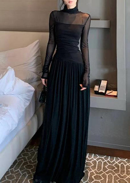 New Pink Turtleneck Patchwork Tulle Long Dress Long Sleeve