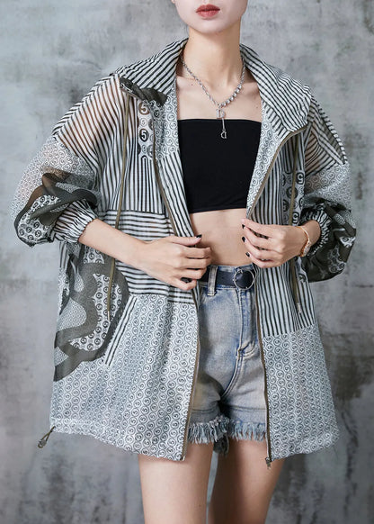 Grey Hooded Print Spandex Upf 50+ Coat Jacket Summer