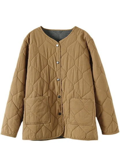 Hot Khaki O-neck Pockets Button Winter Coats Parkas