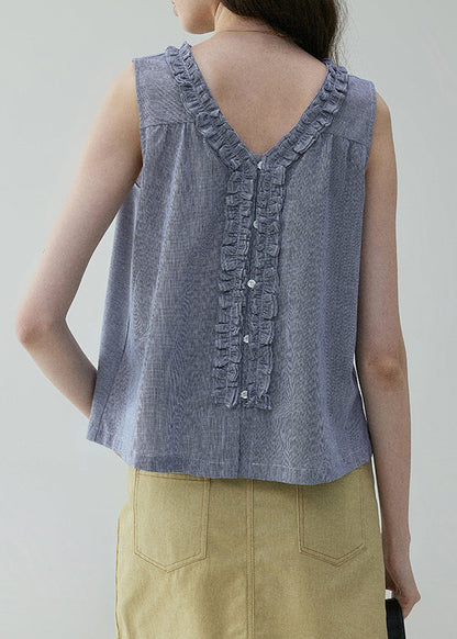 Art Blue Ruffled Button Wear on Both Sides Cotton Blouses Sleeveless