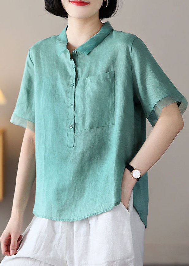 Green Organza Patchwork Linen Shirt Top Pocket Button Short Sleeve