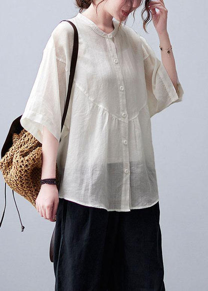 White Stand Collar Button Summer Cotton Linen Blouses