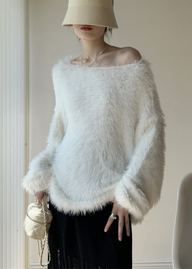 Simple White O-neck Mink Velvet Knit Sweater Winter