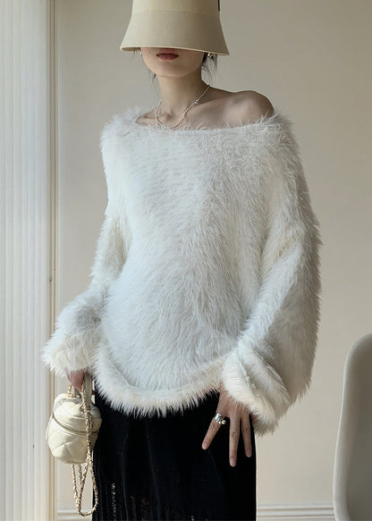Simple White O-neck Mink Velvet Knit Sweater Winter