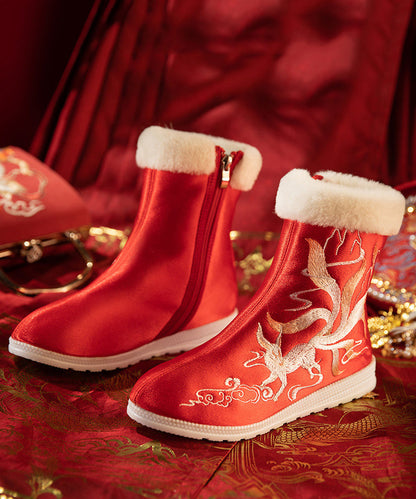 Red Satin Embroidery Splicing Boots Fuzzy Wool Lined