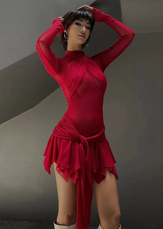 Classy Red Turtleneck Asymmetrical Tulle Vacation Mid Dress Long Sleeve