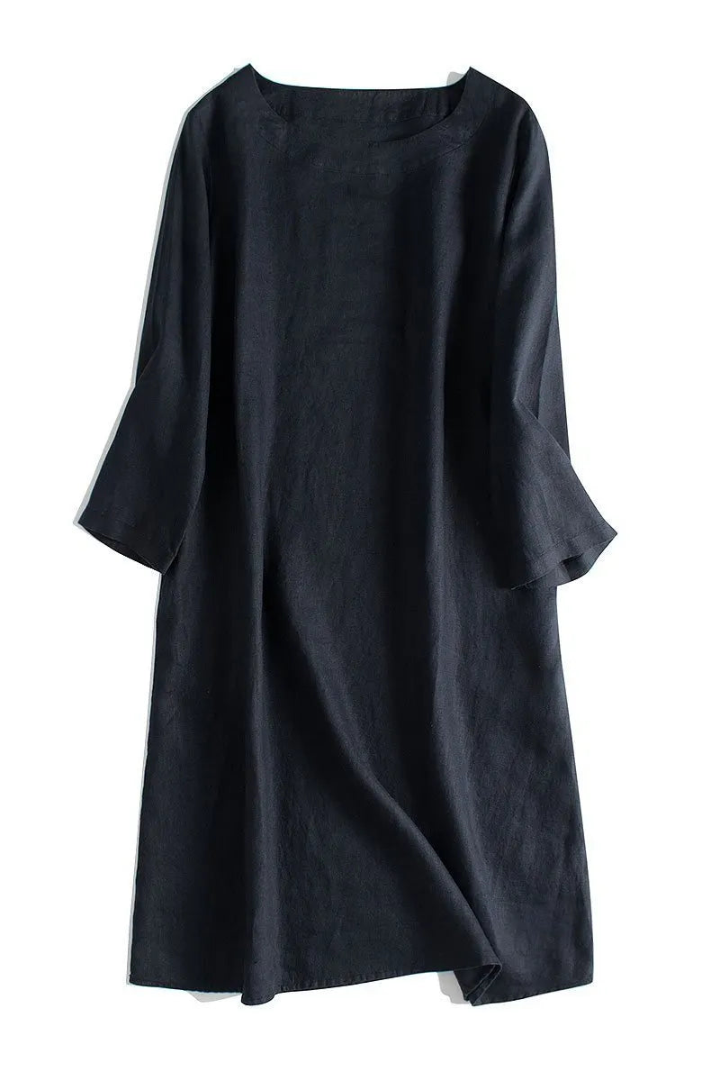 Simple Linen Pure Color 3/4 Sleeve Dress Outfits