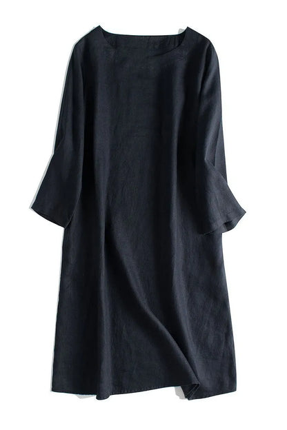 Simple Linen Pure Color 3/4 Sleeve Dress Outfits