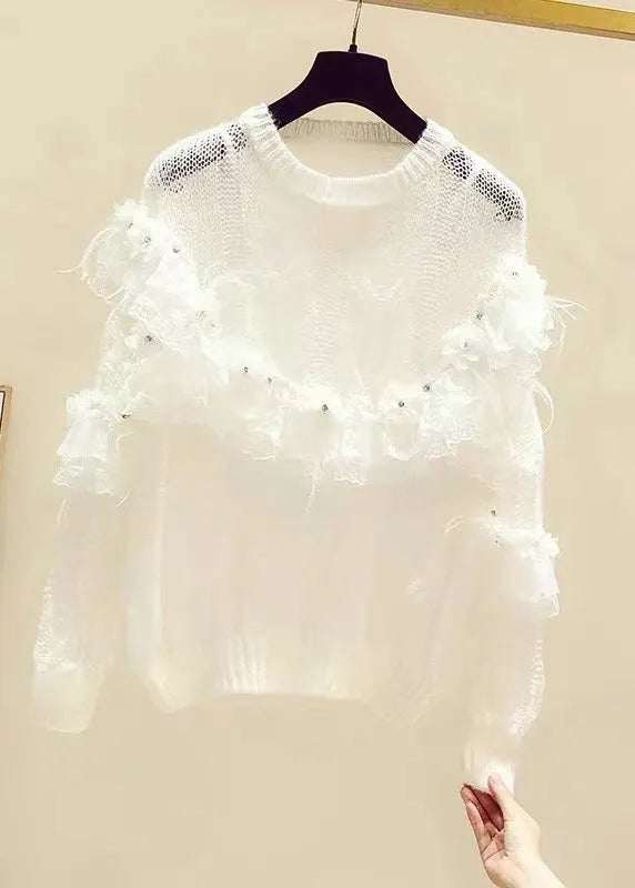 Novelty White Patchwork Nail Bead Knit Sweaters Fall