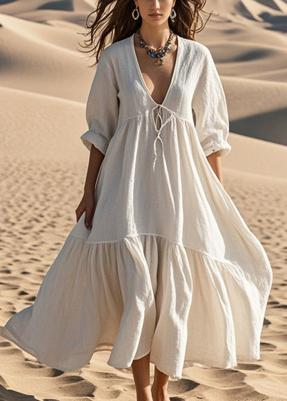 White Oversized Lace Up Cotton Robe Dresses Fall