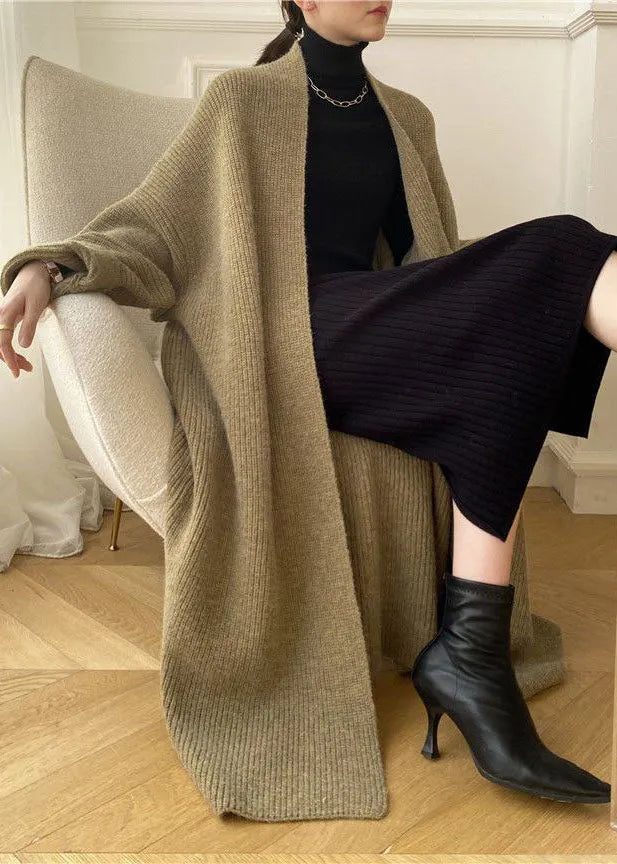 Modern Khaki Oversized Thick Cozy Knit Long Cardigan Spring