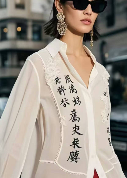 White Patchwork Draping Chiffon Shirt Tops Spring
