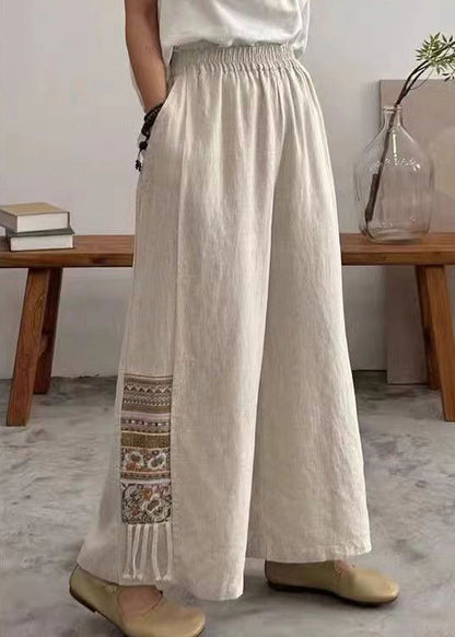 Linen Embroidered Pockets Elastic Waist Cotton Wide Leg Pants Summer