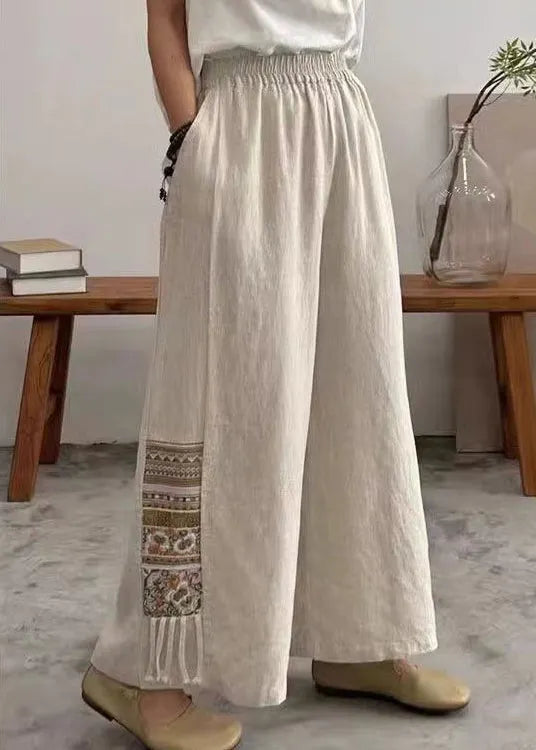 Linen Embroidered Pockets Elastic Waist Cotton Wide Leg Pants Summer