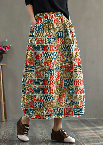 Red Elastic Waist Patchwork Print Fine Cotton Filled Skirt Winter