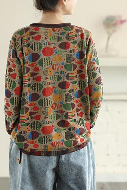 Round Neck Fish Print Knitted T-shirt