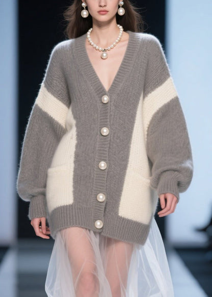 Grey Button Tulle Patchwork Knit Cardigan Fall