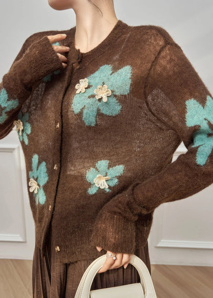 Coffee O-neck Patchwork Button Cotton Knit Cardigan Fall