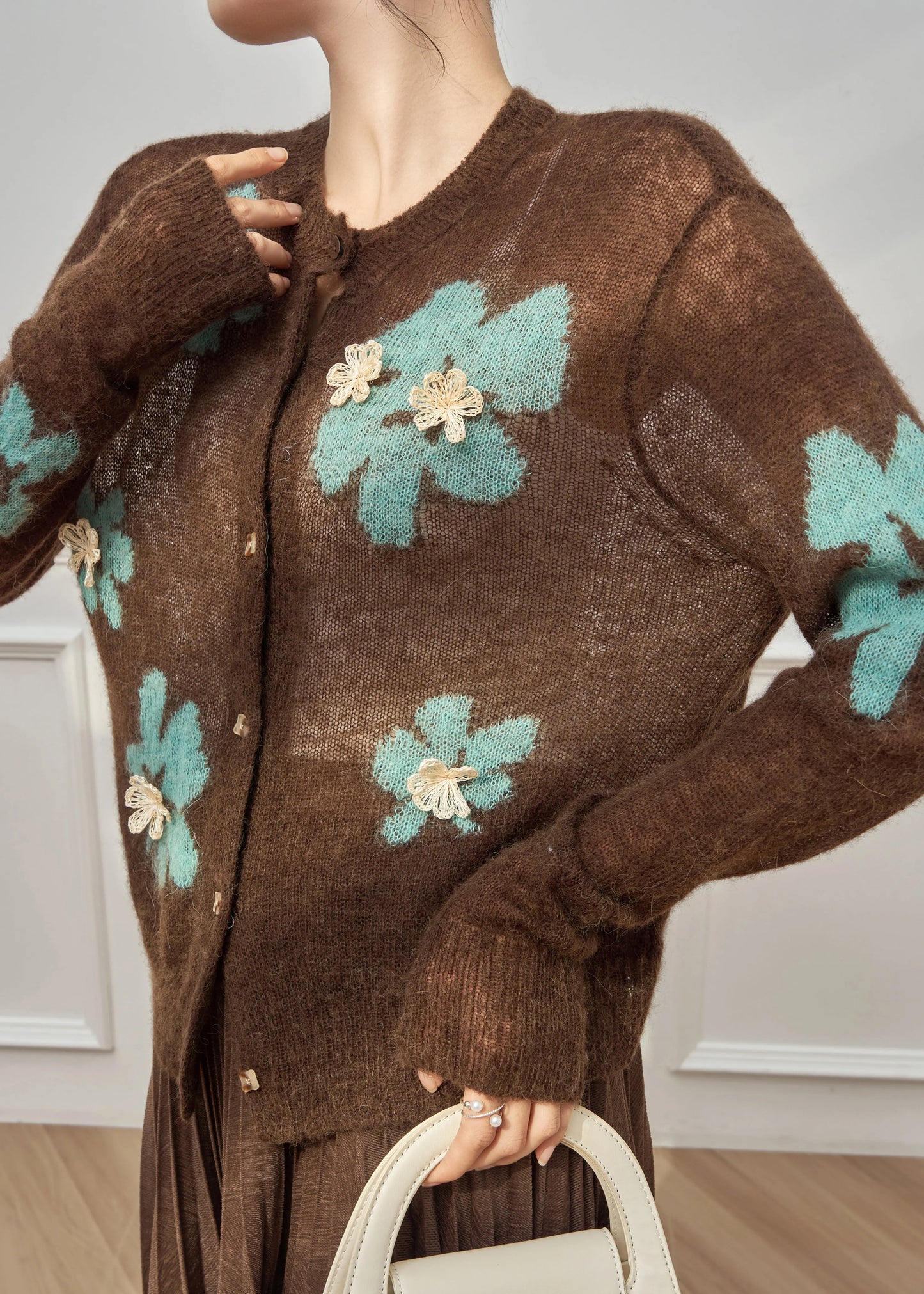 Coffee O-neck Patchwork Button Cotton Knit Cardigan Fall