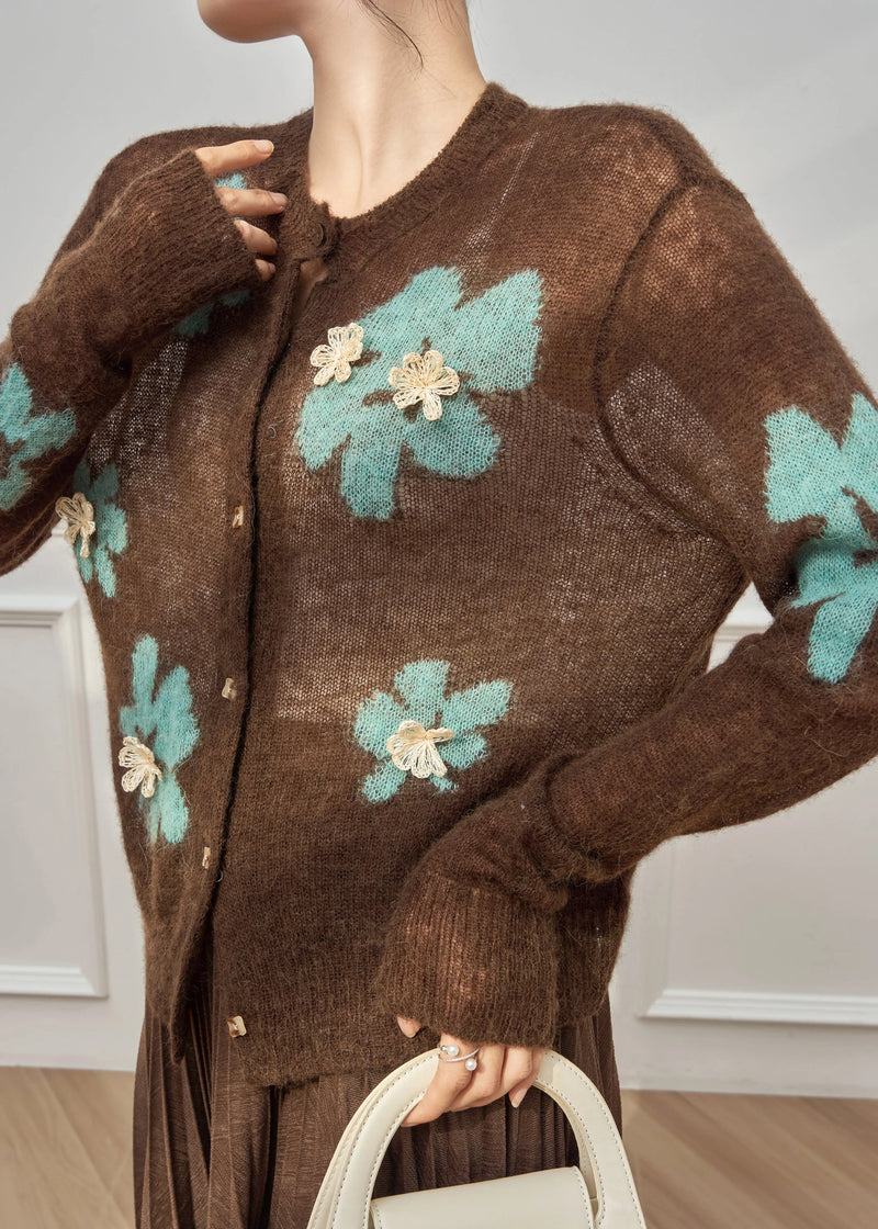 Coffee O-neck Patchwork Button Cotton Knit Cardigan Fall