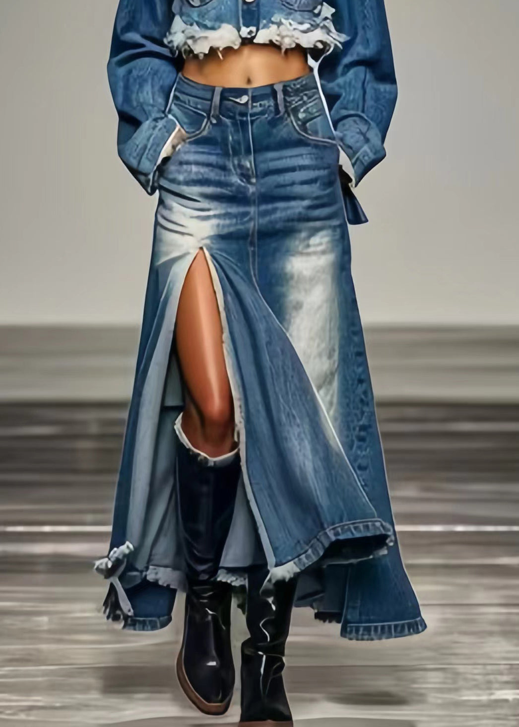 Blue Pockets Side Open a Line Skirts Summer