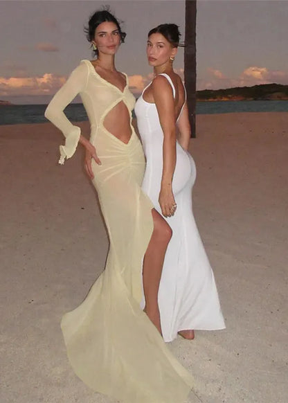 Apricot V Neck Sheer Hollow Out Maxi Dress Long Sleeve