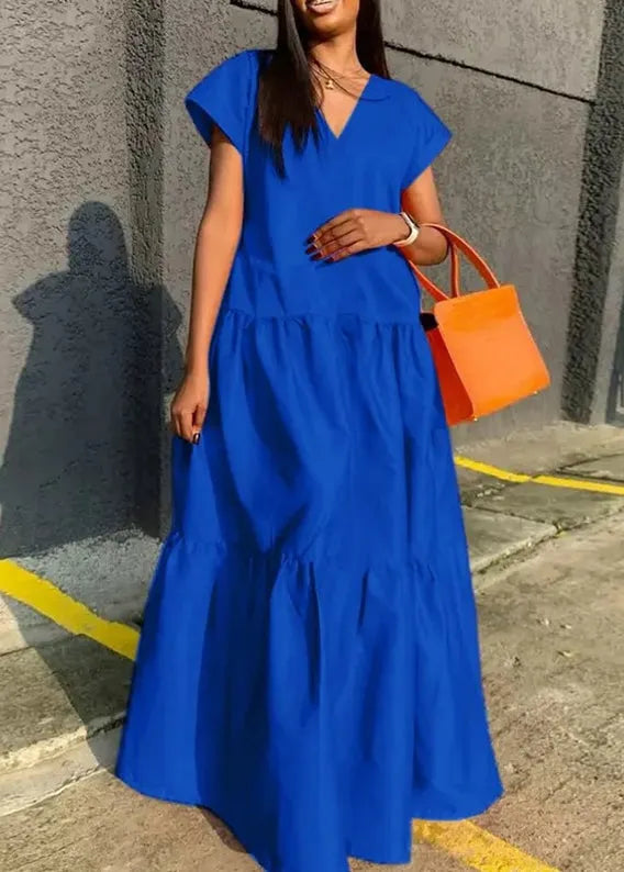 Orange V Neck Patchwork Long Dress Summer