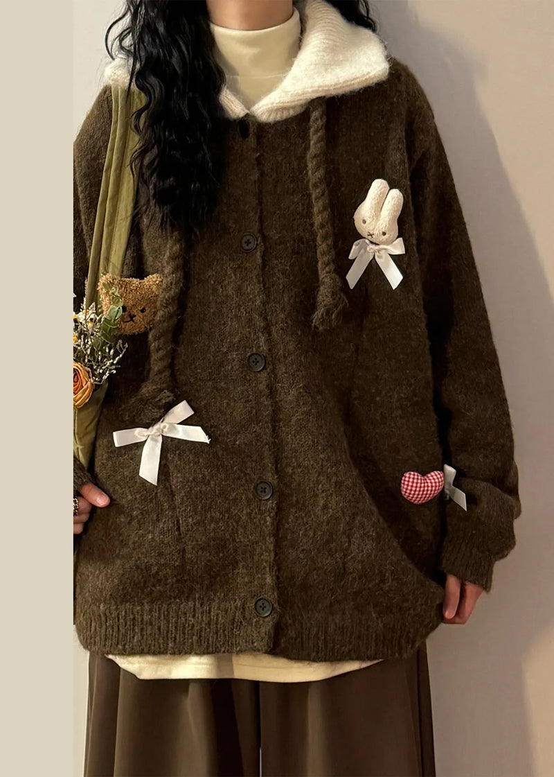 Coffee Peter Pan Collar Button Patchwork Knit Coats