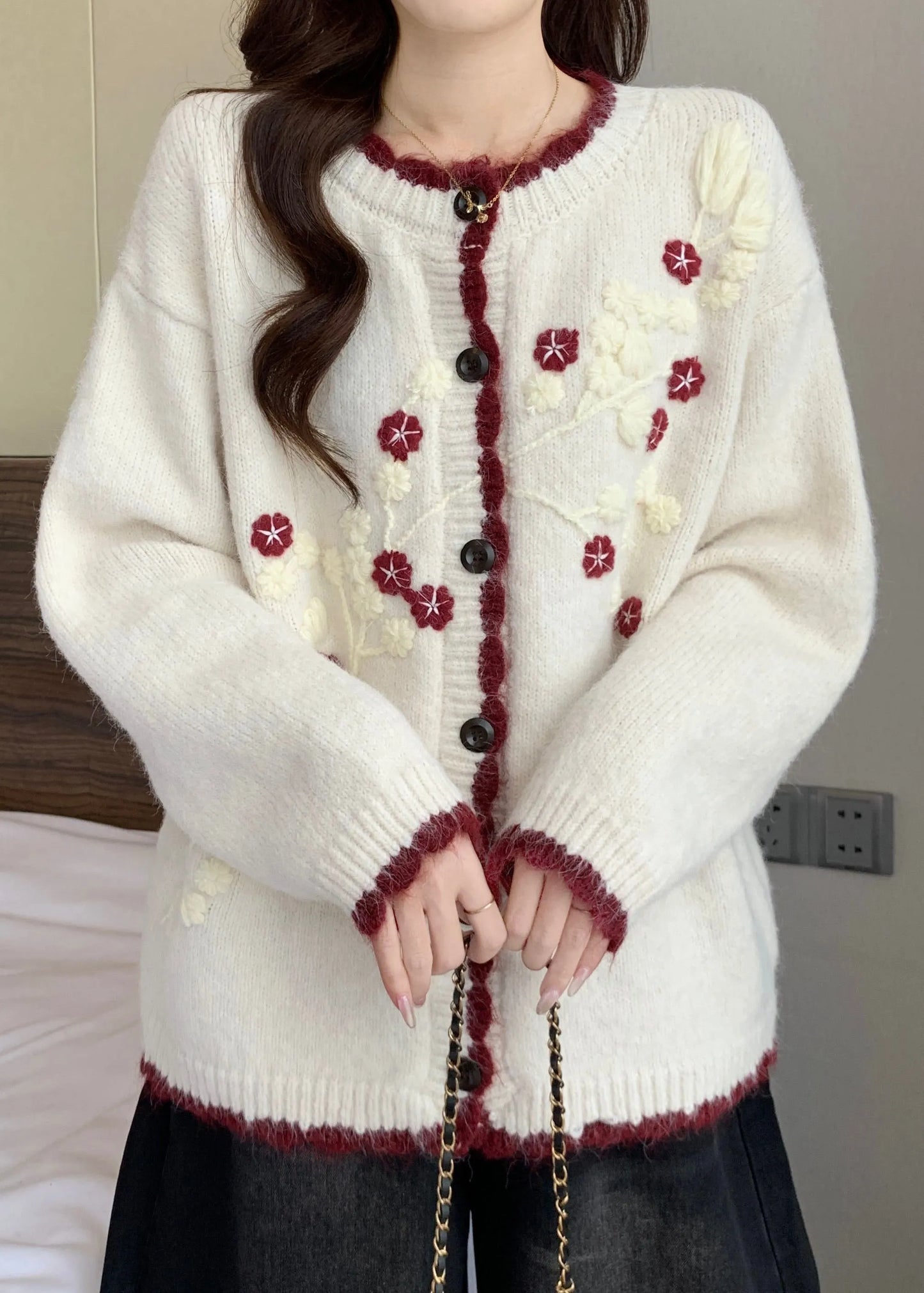 New Navy Embroidered Button Knit Cardigan Fall