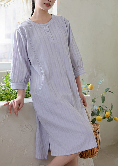 Original Loose Light Purple O Neck Cotton Dress Spring