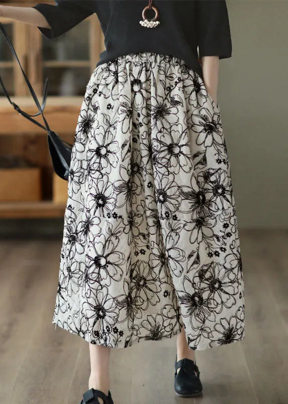Beige Wrinkled Embroidered Linen Skirt Summer
