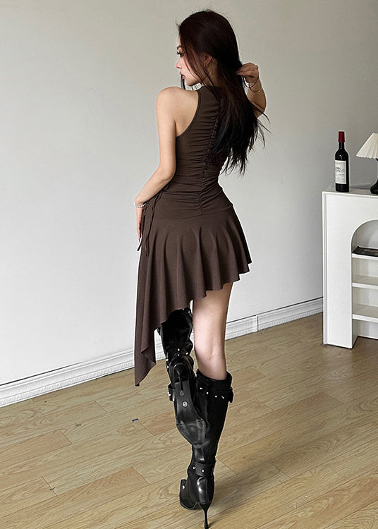French Coffee Asymmetrical Cinched Patchwork Cotton Mid Dress Sleeveless