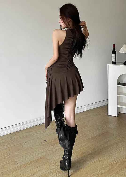 French Coffee Asymmetrical Cinched Patchwork Cotton Mid Dress Sleeveless