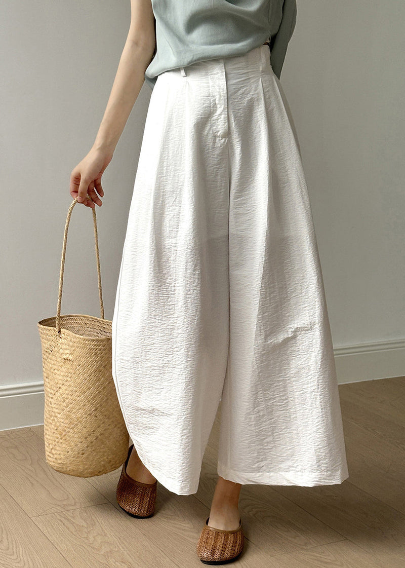 Simple White Pockets Elastic Waist Cotton Wide Leg Pants Fall