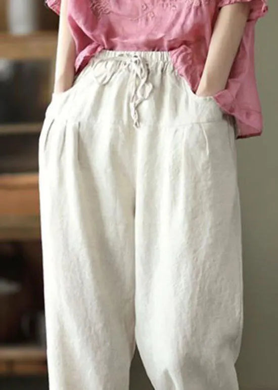 Beige Pockets Patchwork Linen Pants Elastic Waist Summer