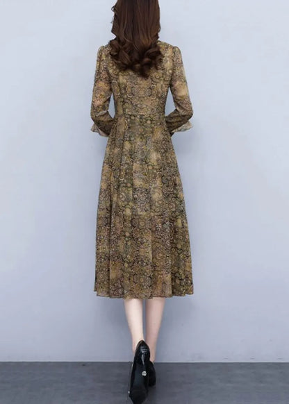 Ruffled Print High Waist Chiffon Dress Long Sleeve
