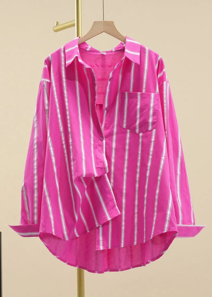 Rose Striped Pockets Cotton Fall Shirts Peter Pan Collar