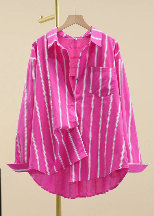 Rose Striped Pockets Cotton Fall Shirts Peter Pan Collar